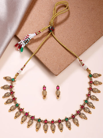 KARATCART Traditional South Indian Gold Plated Red and Green Stone Laxmi Mata Temple Jewellery Set