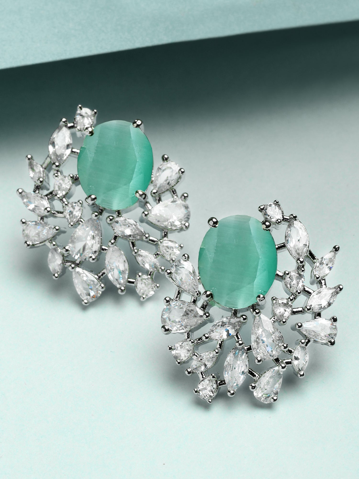 Karatcart Sparkling Lime Green American Diamond Silver Plated Stud Earrings for Women - Image 1