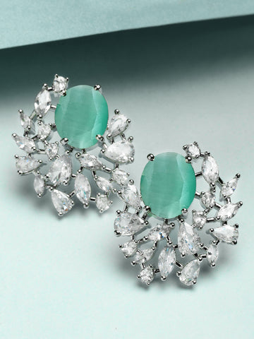 Karatcart Sparkling Lime Green American Diamond Silver Plated Stud Earrings for Women
