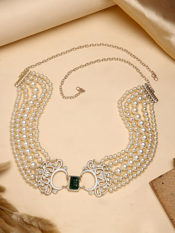 Karatcart Traditional Gold Plated Green Carved Stone Pearl Beaded Kamarbandh for Women