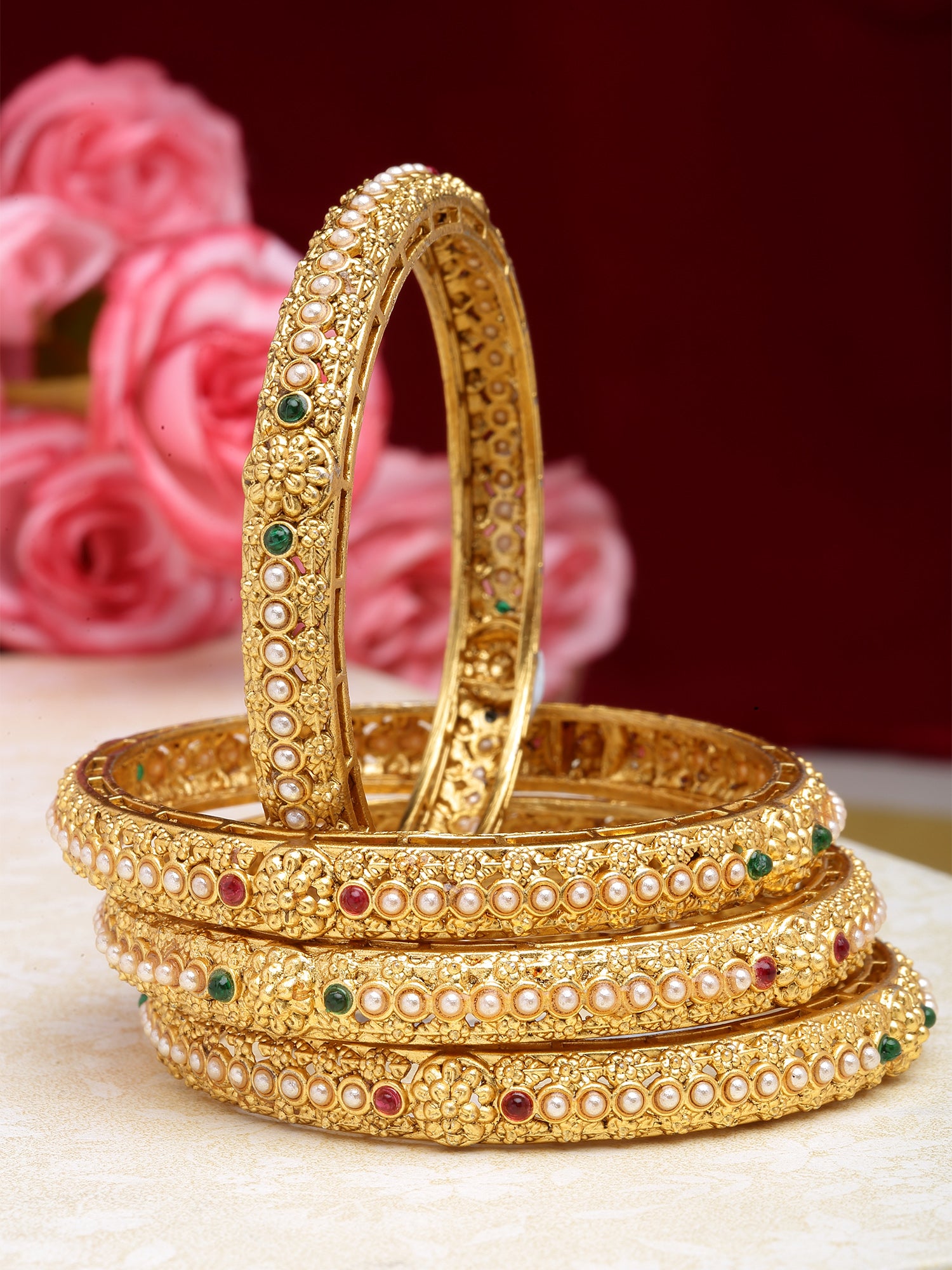 Karatcart Set of 4 Gold Plated Pearl Ball Studded Bangles for Women