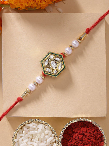 KARATCART Elegant White Pearl and Polki Kundan Handmade Rakhi for Brother with Roli Chawal