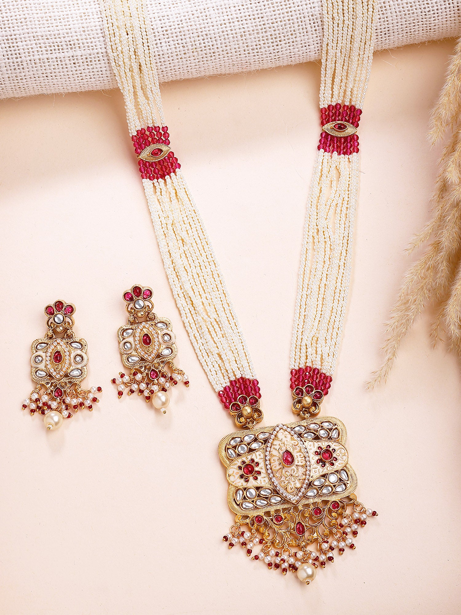 KARATCART Designer Gold-Plated Red Crystal and Pearl Rani Haar Necklace Set for Women
