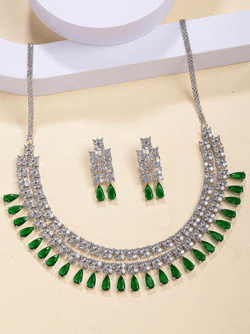 Karatcart Sparkling Silver Plated Green Drop American Diamond Necklace Set for Women
