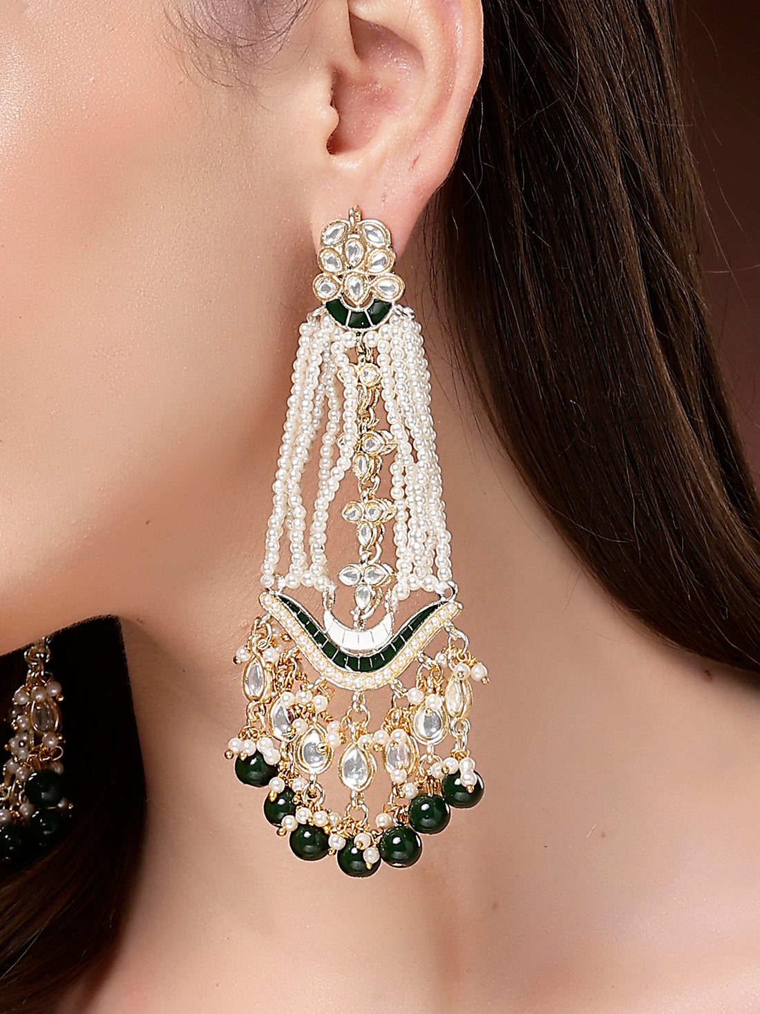 Karatcart Designer Green Beads and Pearl Gold-Plated Long Kundan Dangler Earrings for Women