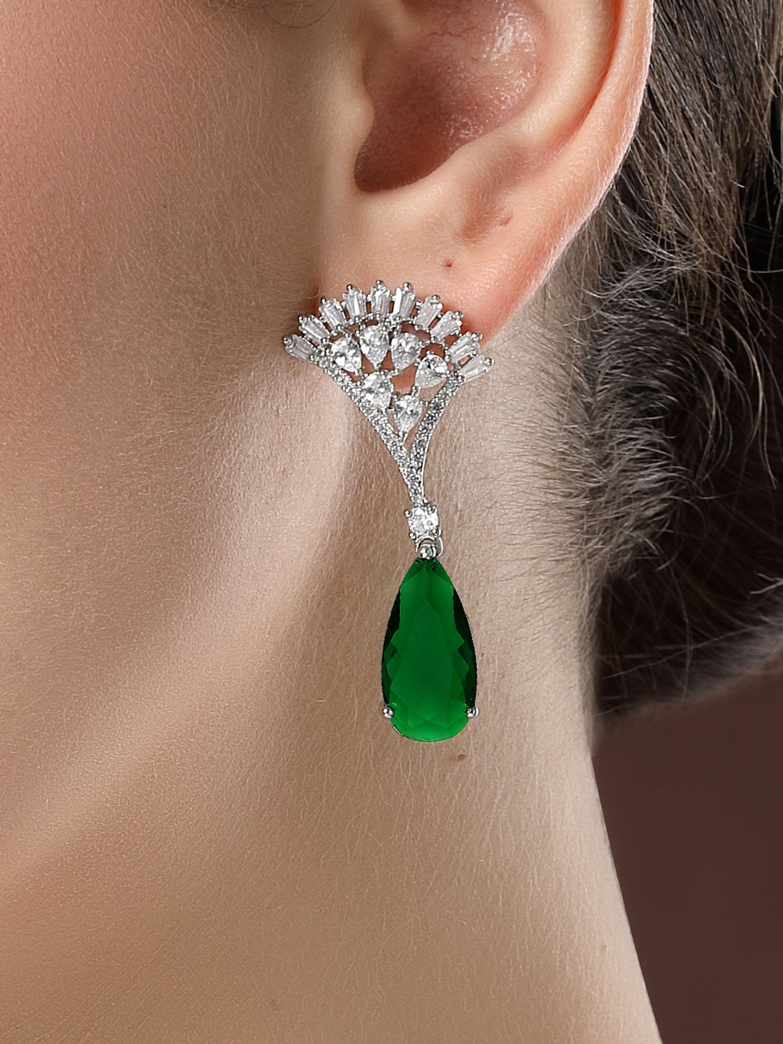 Karatcart Silver Plated Green American Diamond Drop Earrings for Women