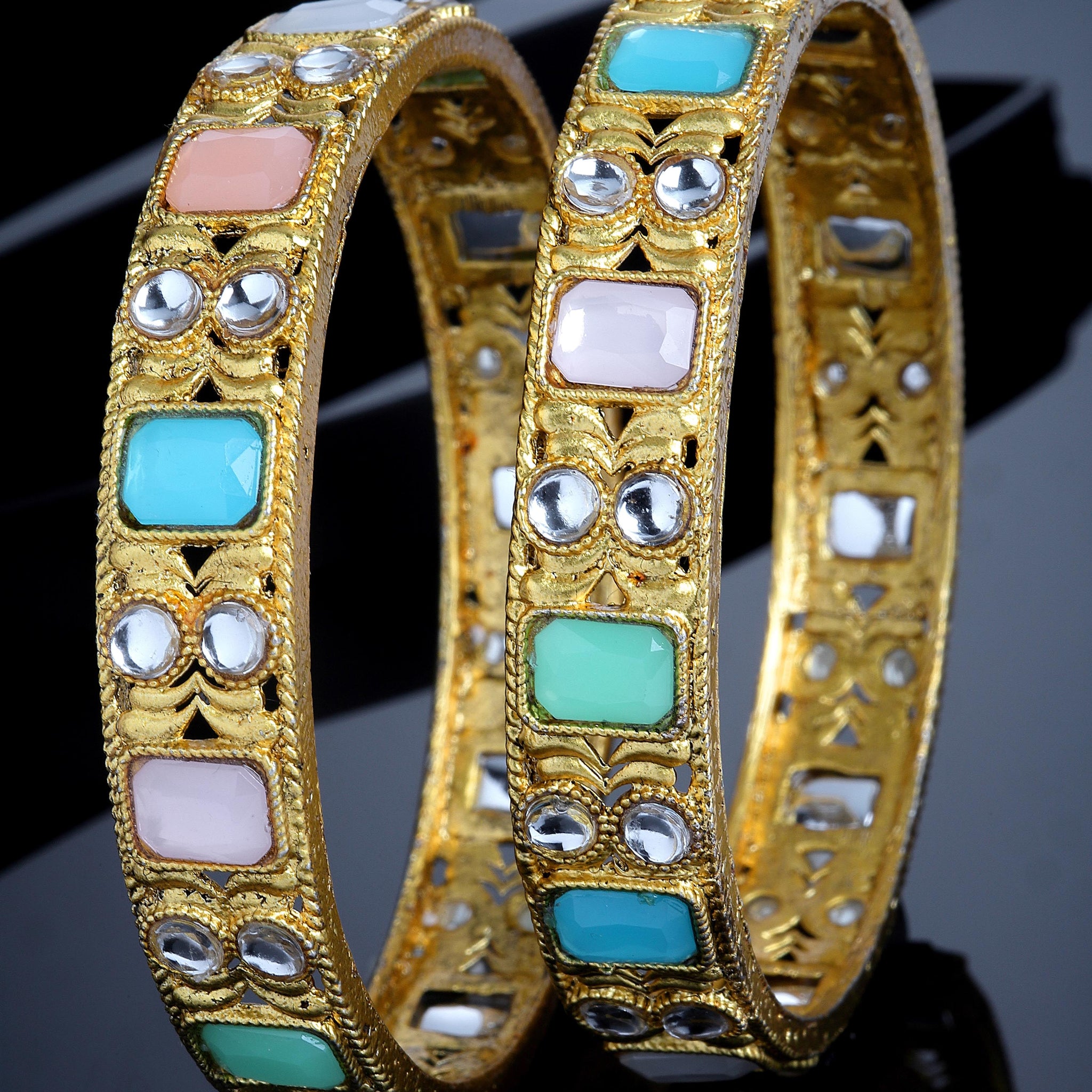 Karatcart Gold Plated Set of 2 Multicolor Kundan Stone Bangles for Women