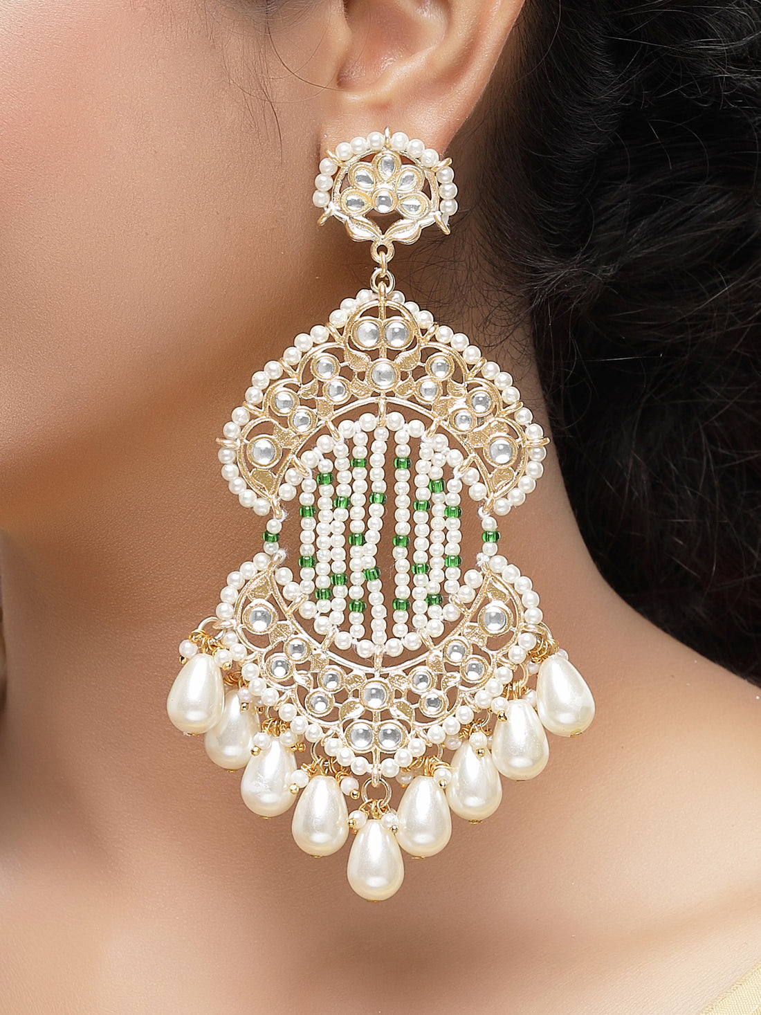 KARATCART Gold-Plated Pearl Dangler Earrings with Green Beads and Crystal Embellishments
