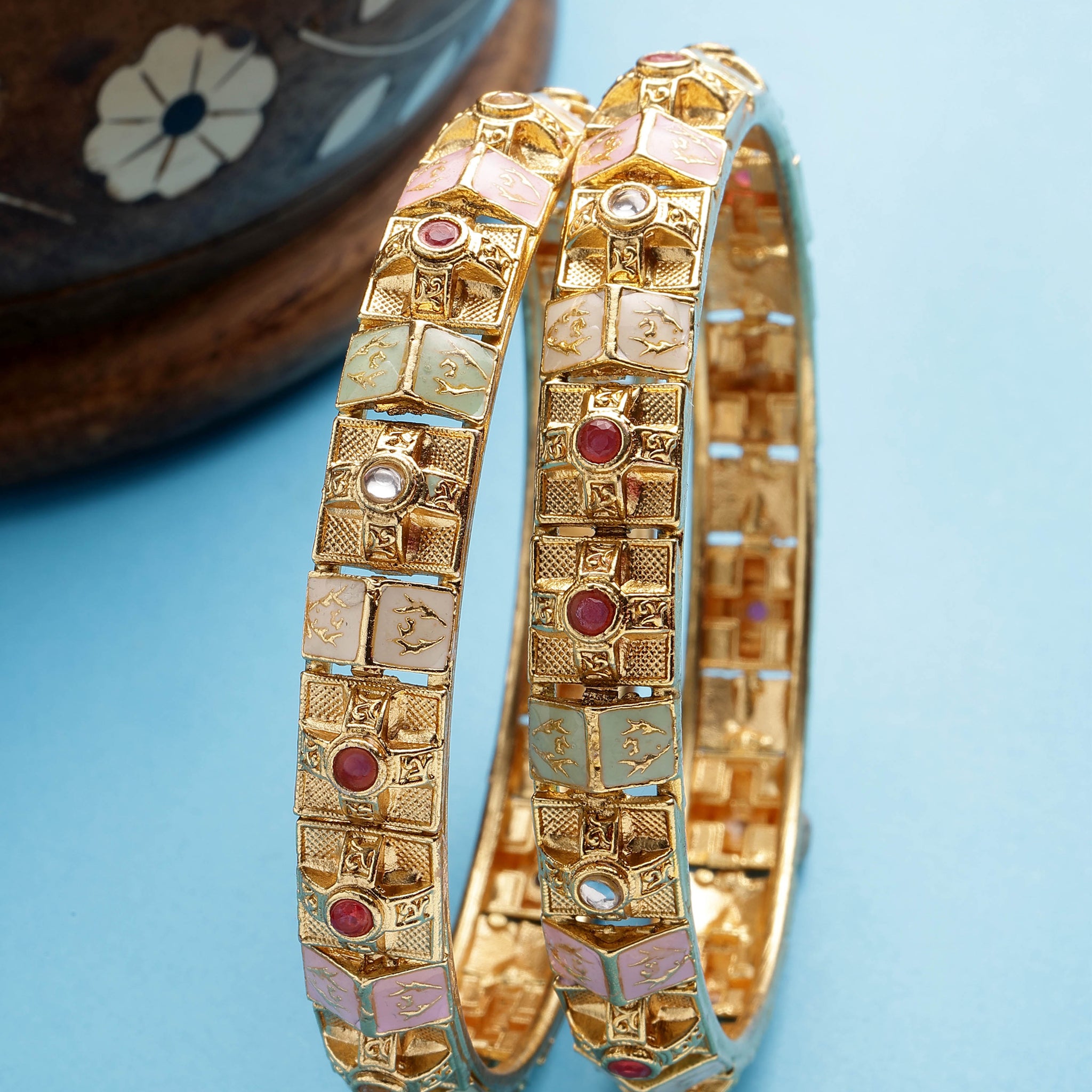 Karatcart Set of 2 Gold Plated Multi Color Meena Floral Bangles for Women