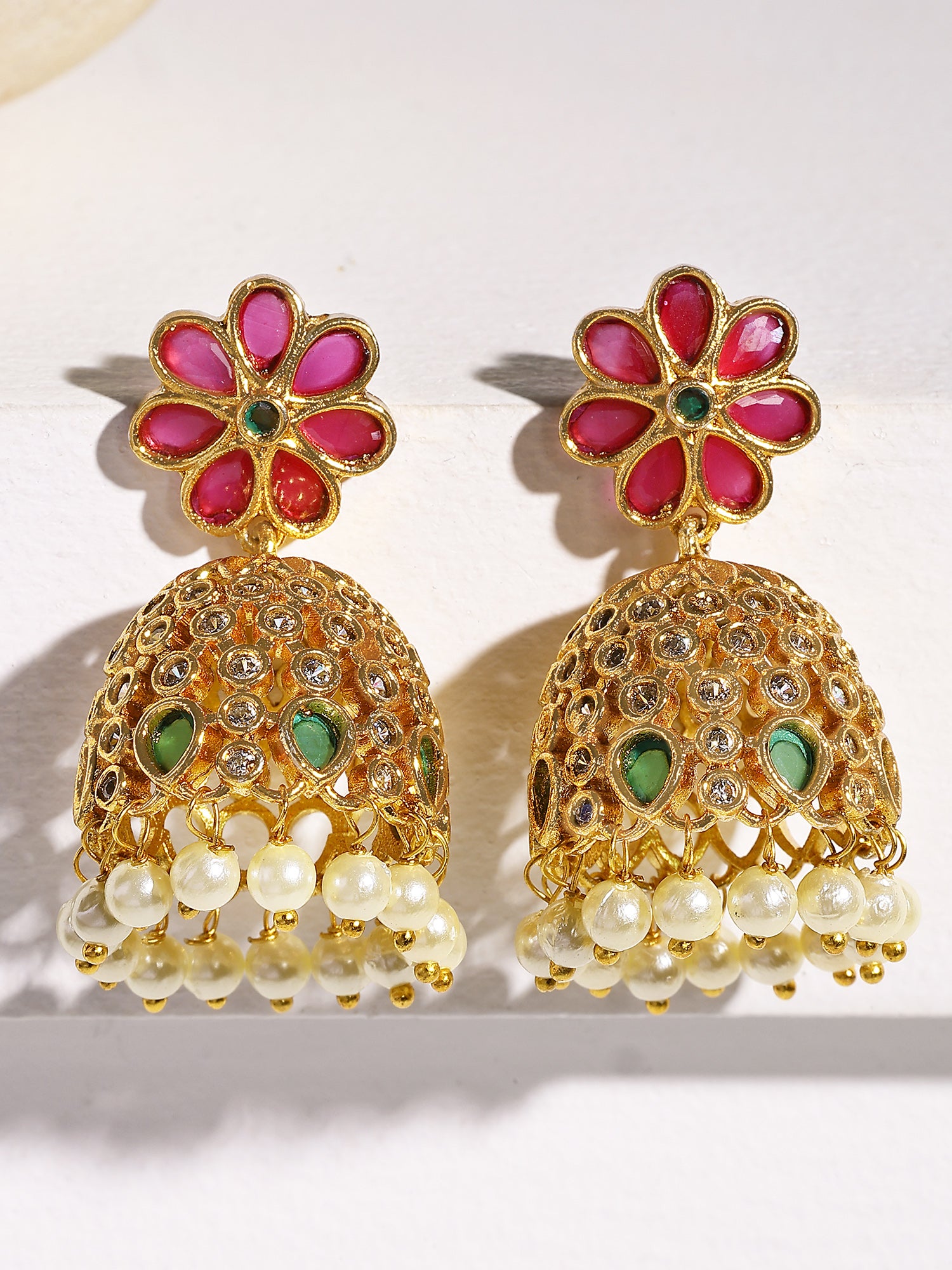 KARATCART Gold Plated Stone Jhumki Pink Earrings for Women