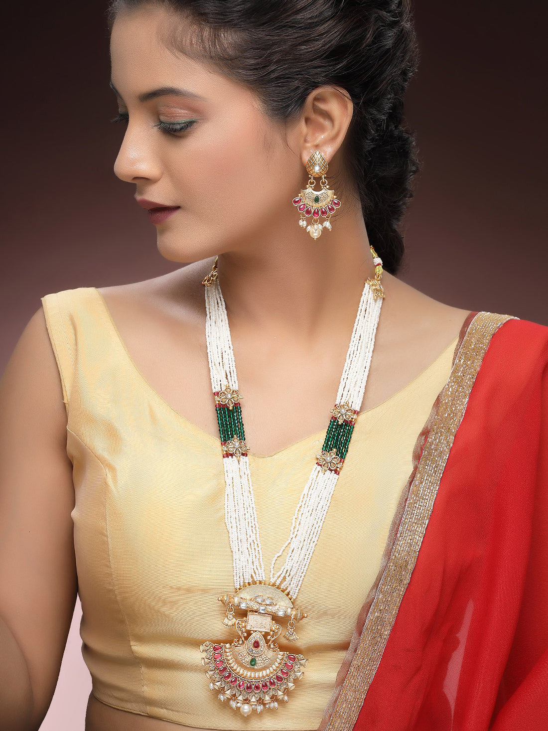 KARATCART Royal Pearl Beaded Gold-Plated Kundan Rani Haar Necklace Set for Women