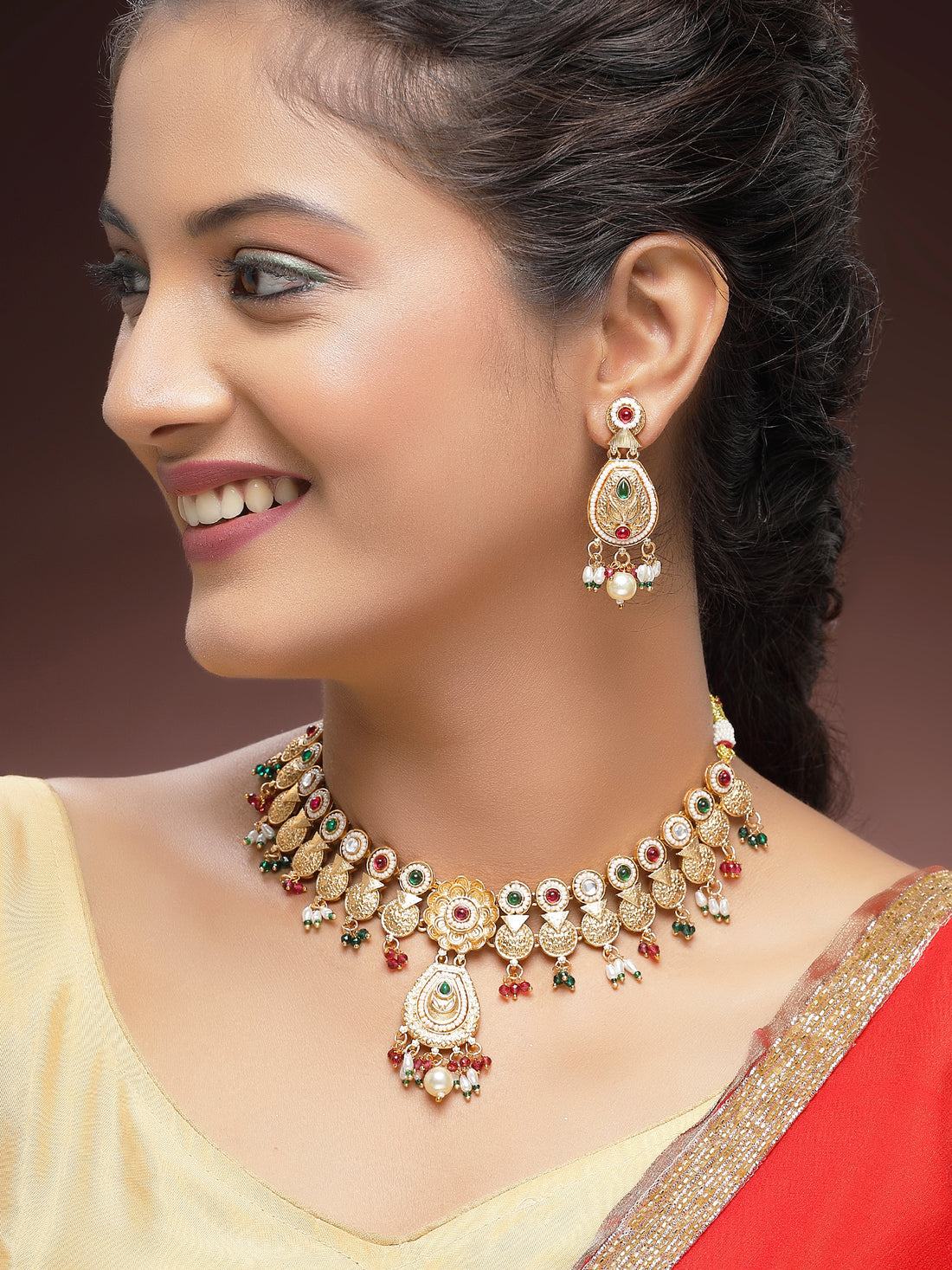 KARATCART Designer Gold-Plated Red and Green Stone Floral Drop Jewellery Set for Women