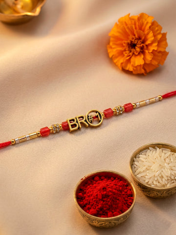 KARATCART Gold Plated BRO #1 Letter Designer Bhaiya Rakhi with Roli & Chawal