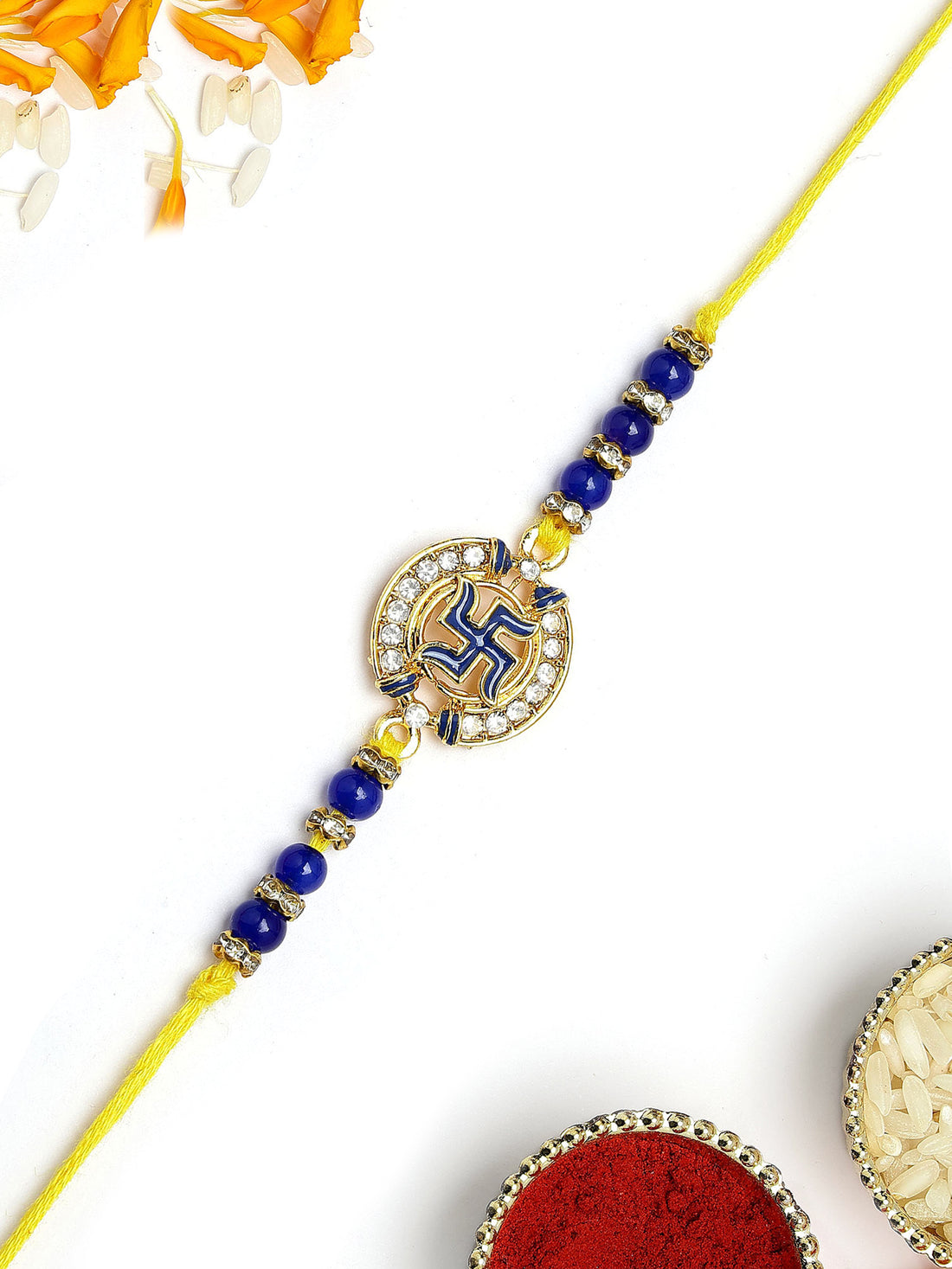 KARATCART Traditional Blue Meenakari Swastika Design Handmade Rakhi for Brother with Roli & Chawal