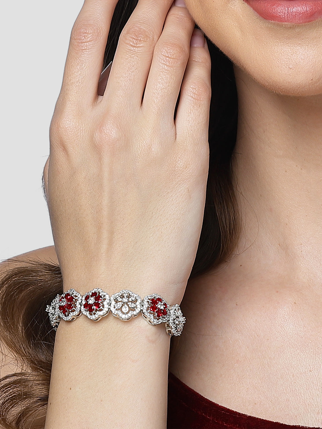 Karatcart Silver Tone Red Cubic Zirconia Studded Bracelet for Women