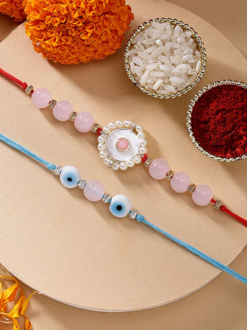 KARATCART Set of 2 Pink Beads Evil Eye Handmade Kundan Rakhi for Brother with Roli & Chawal