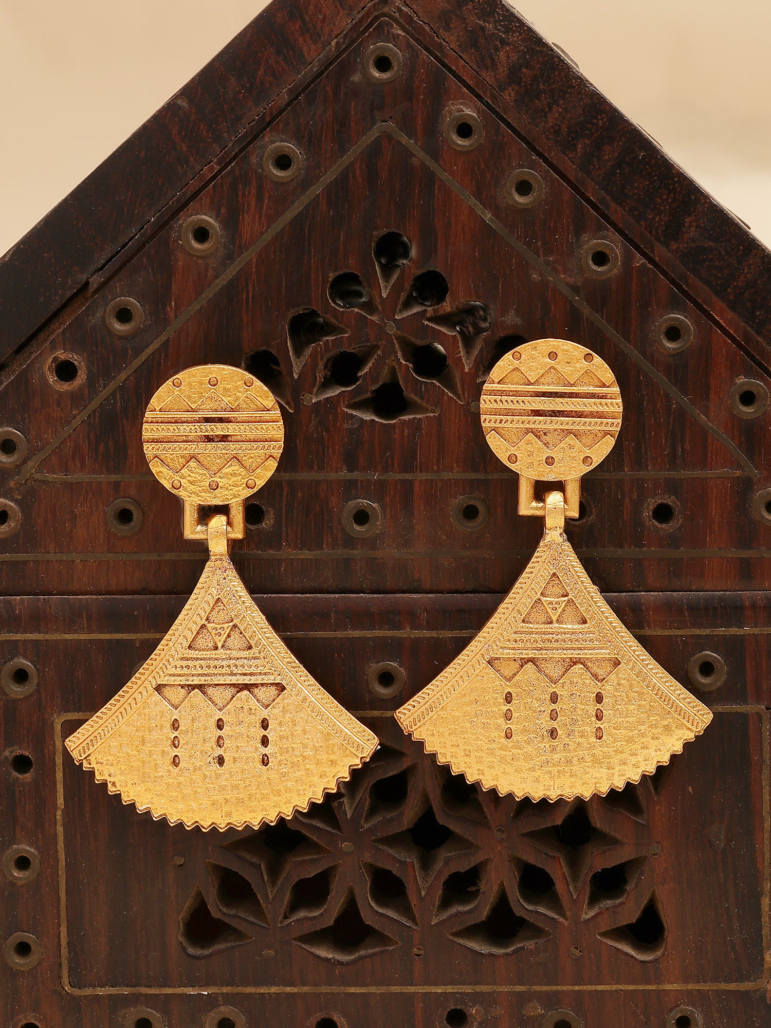 Karatcart Antique Gold Plated Geometric Tribal Engraved Designer Drop Earrings for Women