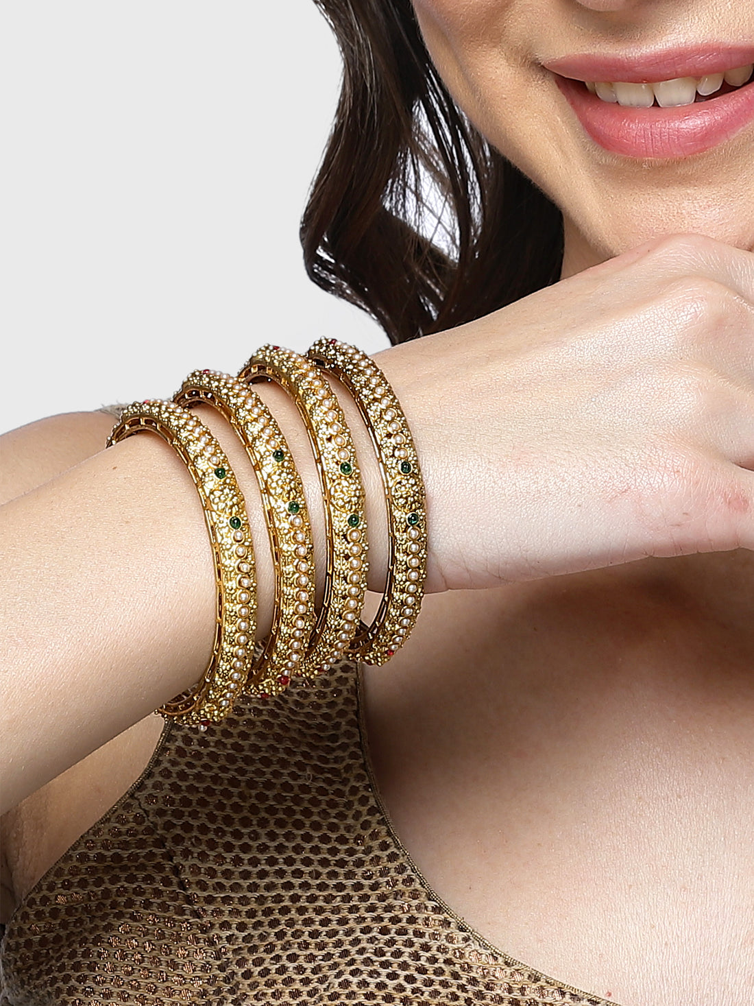 Karatcart Set of 4 Gold Plated Pearl Ball Studded Bangles for Women