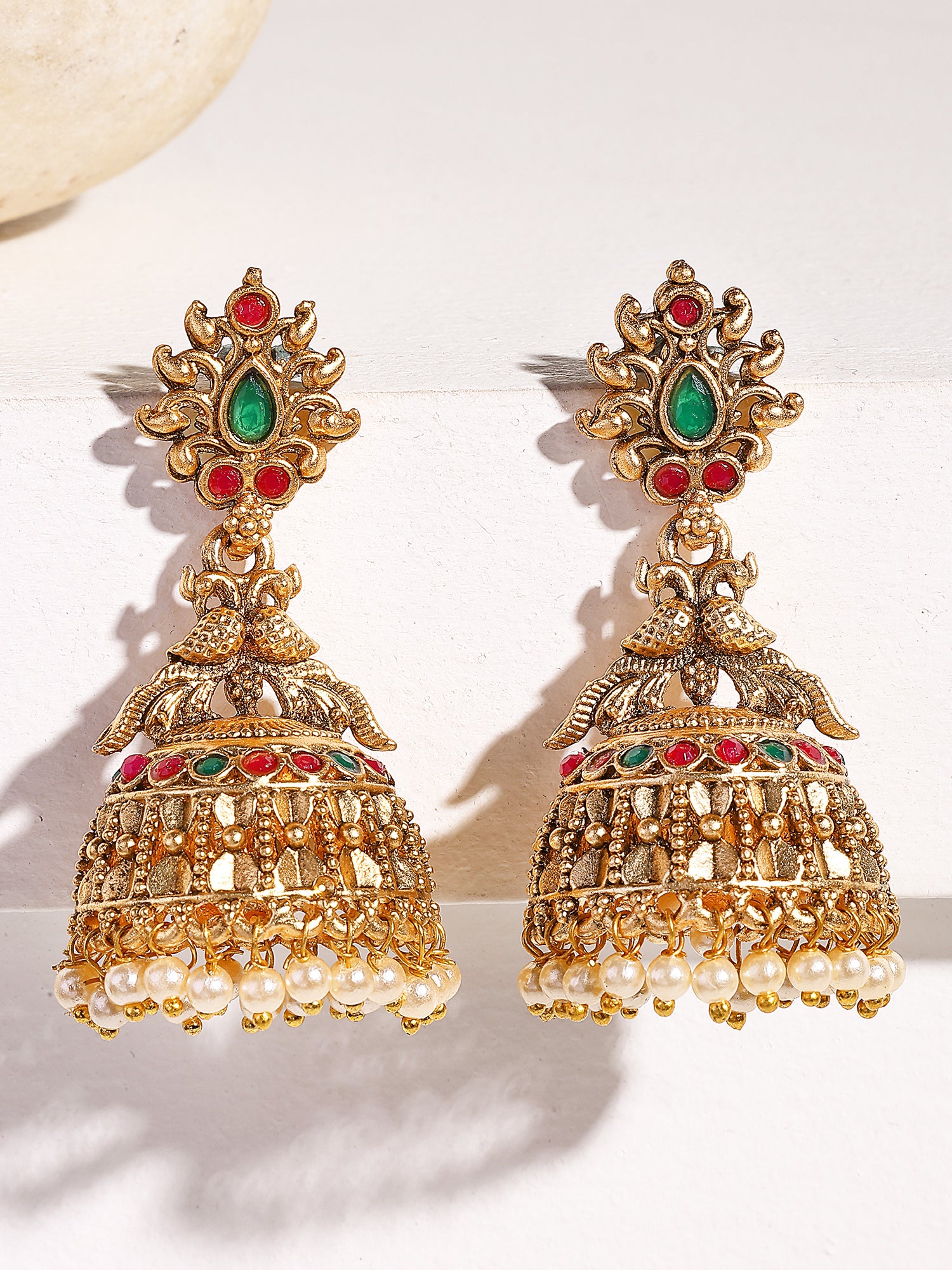 KARATCART Elegant Gold-Plated Peacock Motif Jhumki Earrings with Colorful Stones and Pearls for Women