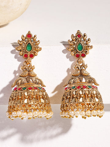 KARATCART Elegant Gold-Plated Peacock Motif Jhumki Earrings with Colorful Stones and Pearls for Women