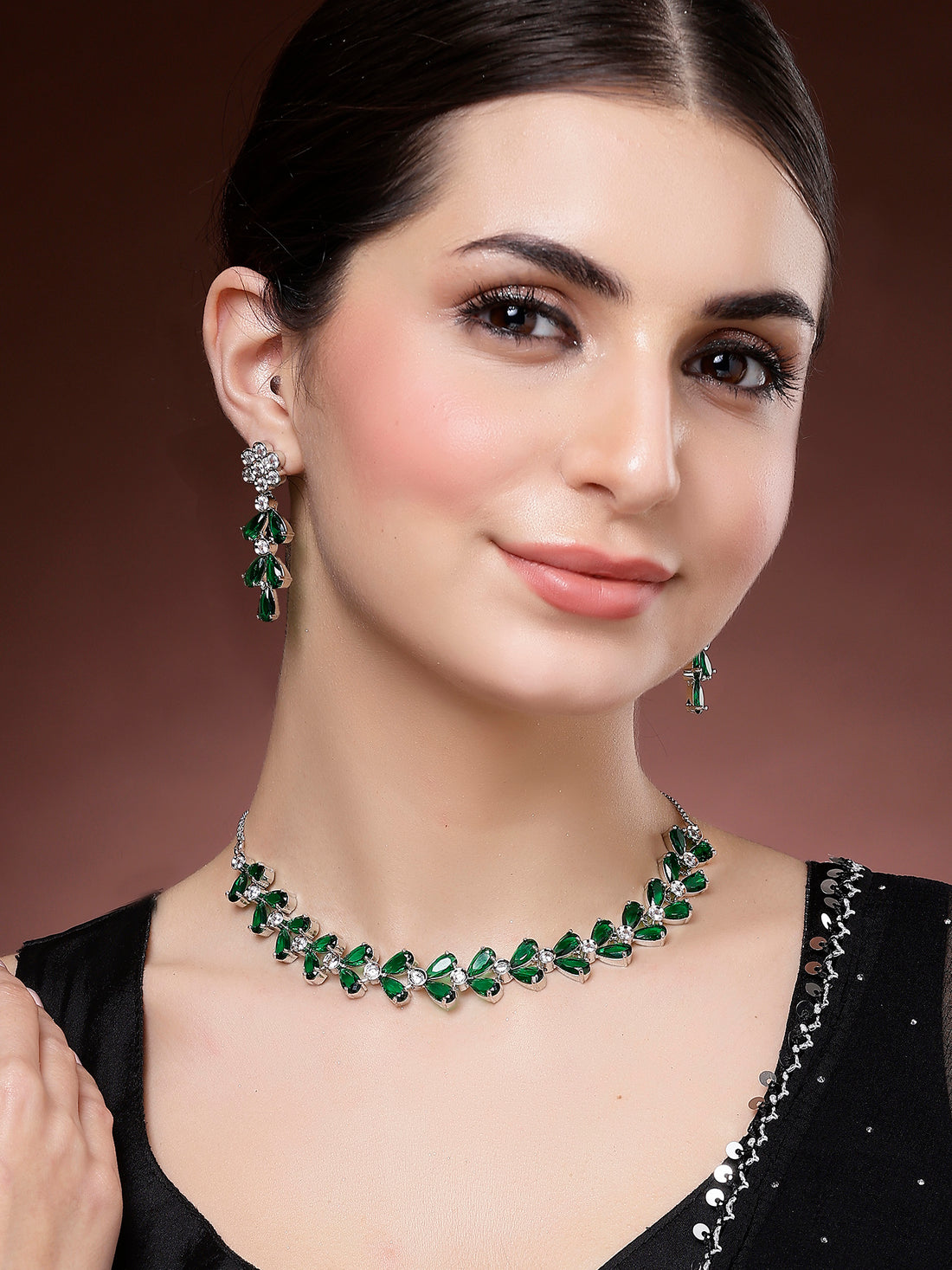 Karatcart Elegant Green American Diamond Silver Plated Leaf Design Necklace Set for Women