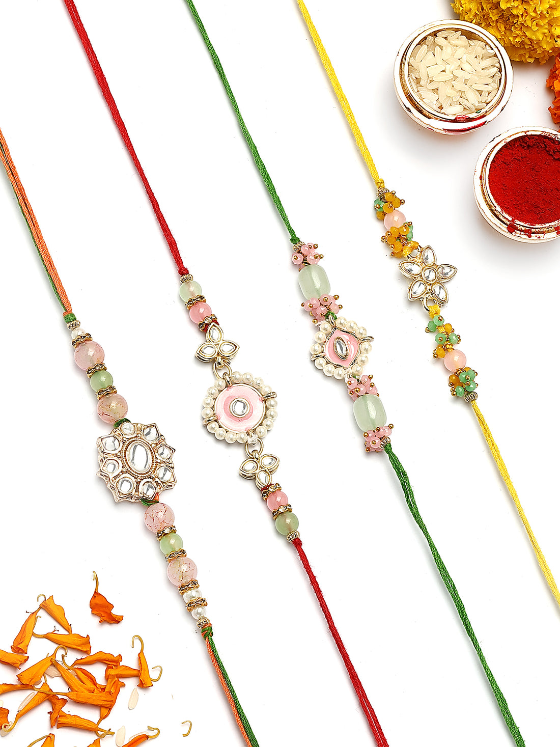 KARATCART Set of 4 Floral Kundan Beaded Rakhi for Brother with Roli & Chawal