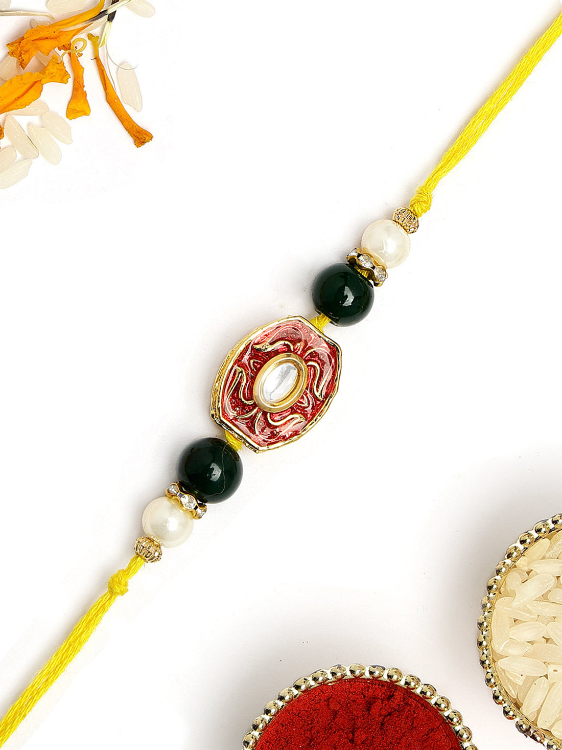 KARATCART Elegant Red Meena and Polki Kundan Handmade Rakhi for Brother with Roli Chawal