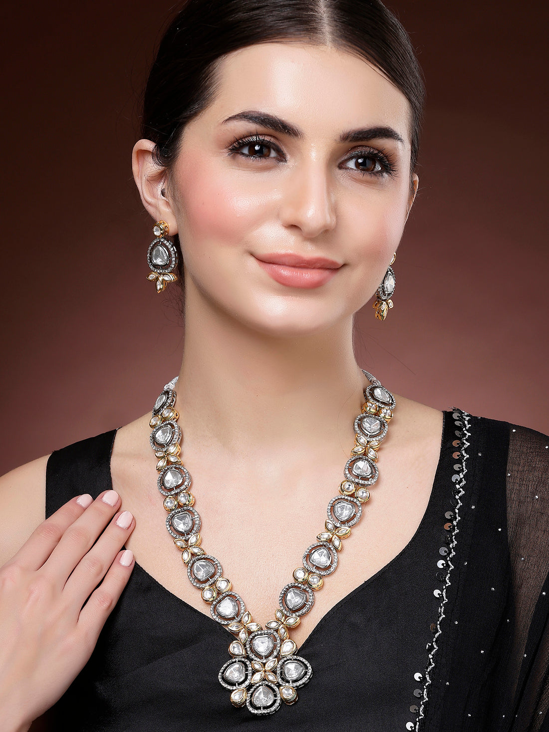 Karatcart Antique Silver and Gold Plated Polki Kundan Floral Rani Haar Necklace Set for Women