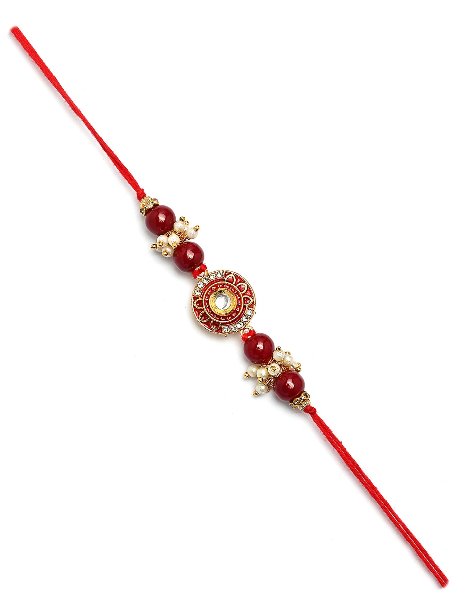 Karatcart Set of 2 Red and Green Enamel Floral Kundan Rakhi for Brother with Roli & Chawal