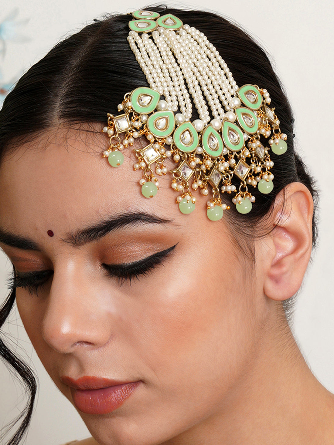 Karatcart Gold Plaated Light Green Meena and Beads Studded Kundan Passa for Women