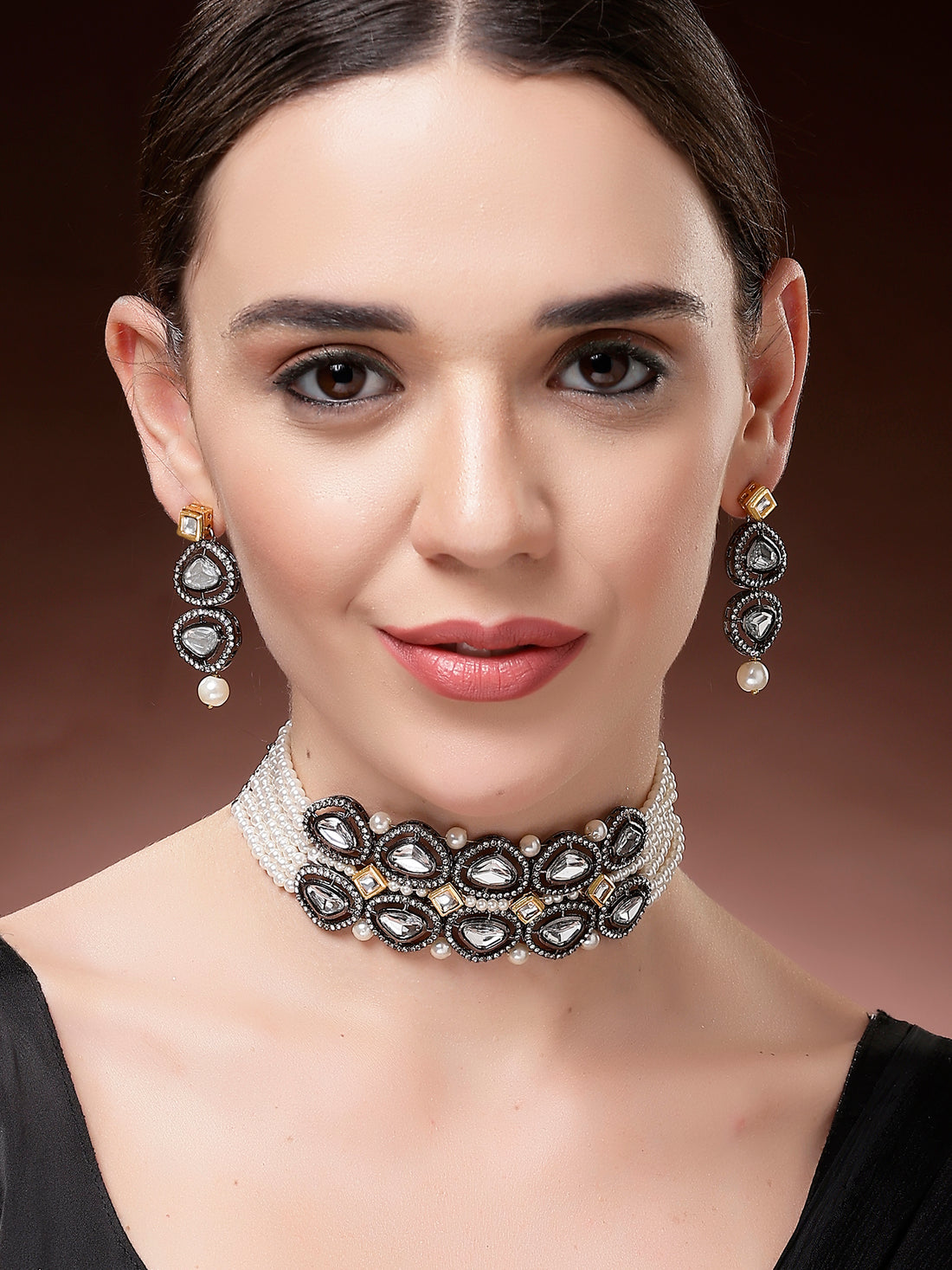 Karatcart Black Polki Kundan and Pearl Necklace Set for Women