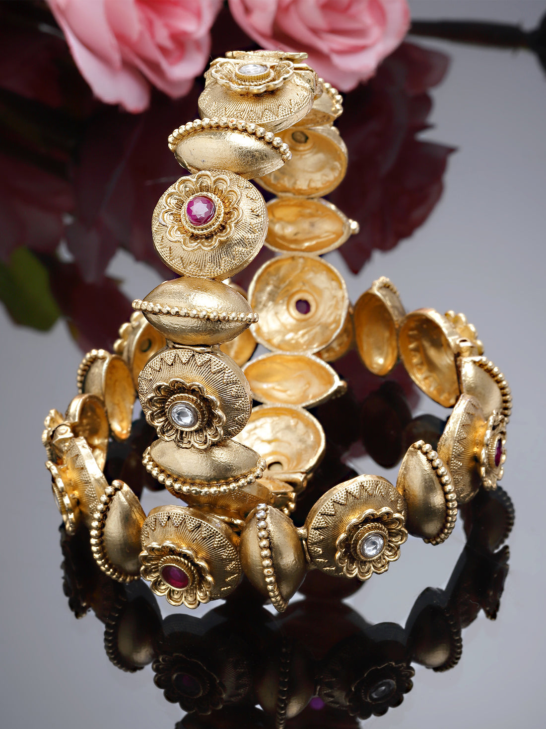 Karatcart Set of 2 Antique Temple Rajwadi Gold Plated Floral Bangles for Women