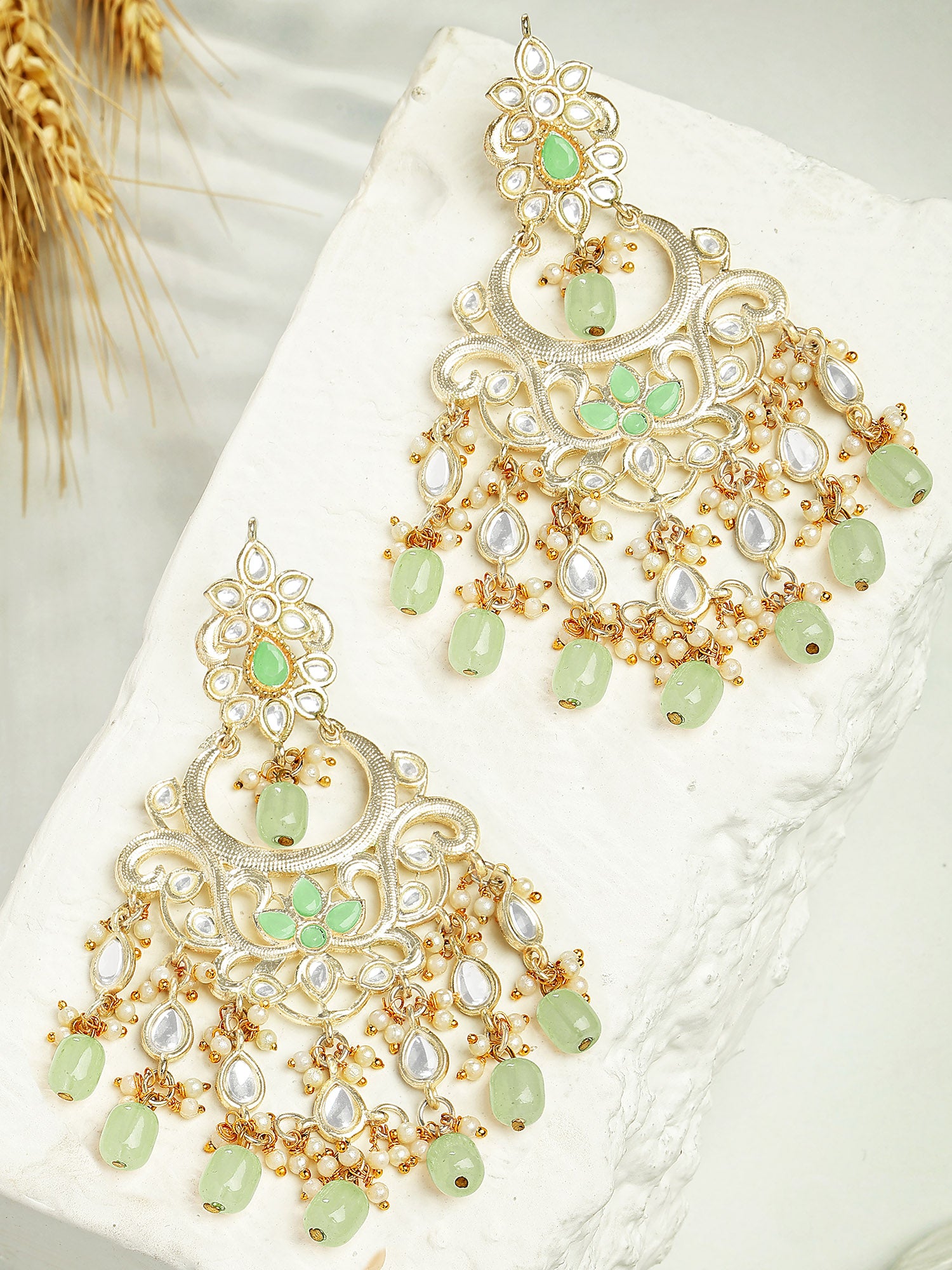 Karatcart Gold Plated Light Green Beads Kundan Dangler Earrings for Women - Image 1