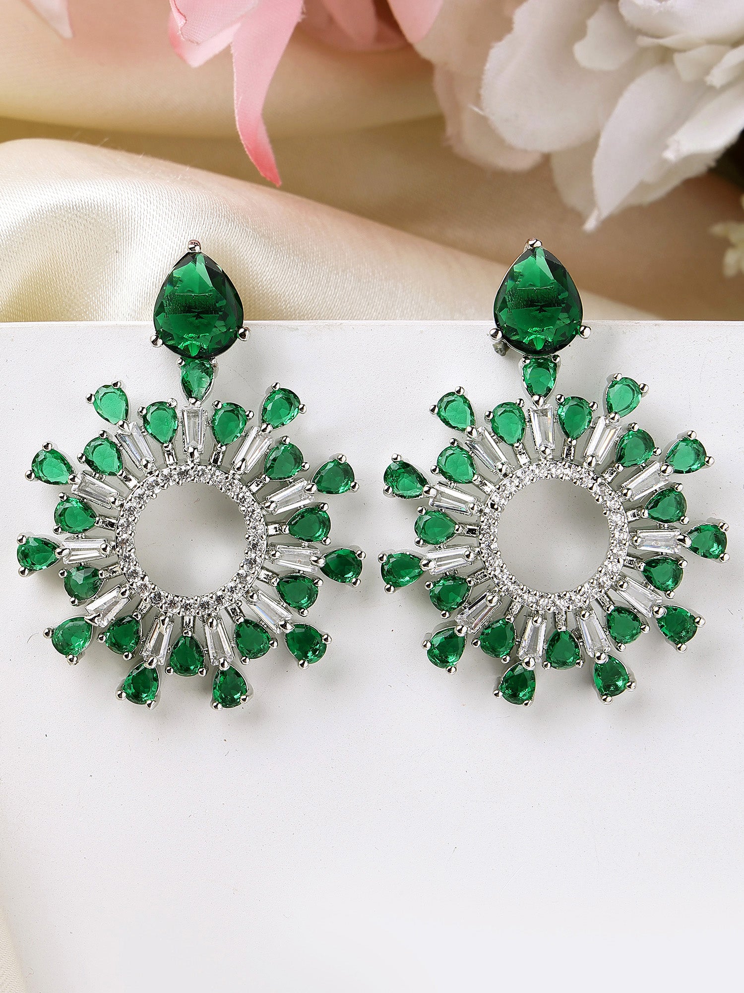 Karatcart Dazzling Green American Diamond Earrings in Silver Finish