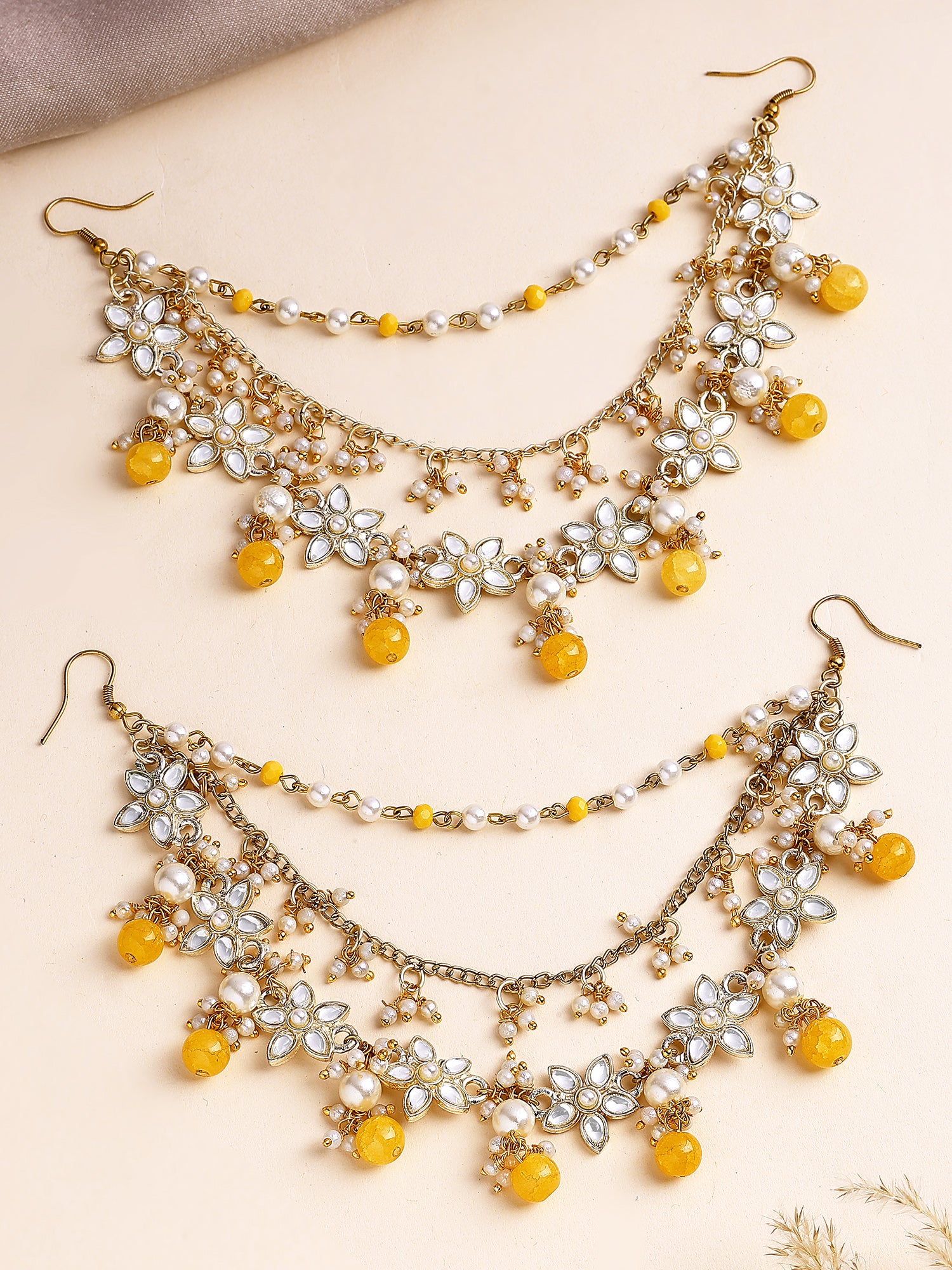 KARATCART Traditional Gold-Plated Yellow Beads Floral Kundan Kaanchain Earrings for Women - Image 1