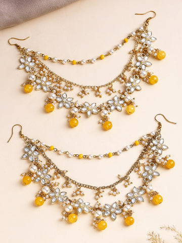 KARATCART Traditional Gold-Plated Yellow Beads Floral Kundan Kaanchain Earrings for Women