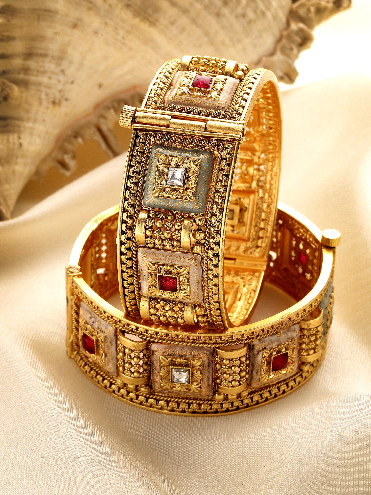 Karatcart Set of 2 Gold Plated Square Floral Design Multi Color Meena Bangles for Women