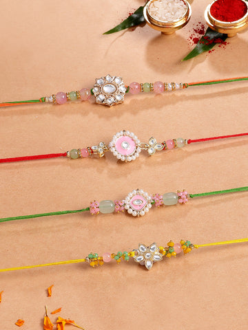 KARATCART Set of 4 Floral Kundan Beaded Rakhi for Brother with Roli & Chawal