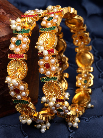Karatcart Gold Plated Pearl Beads Rajwadi Temple Bangles for Women