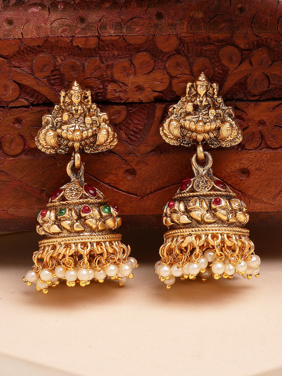 Karatcart Elegant Gold Plated Laxmi Mata Engraved Jhumki Earrings for Women