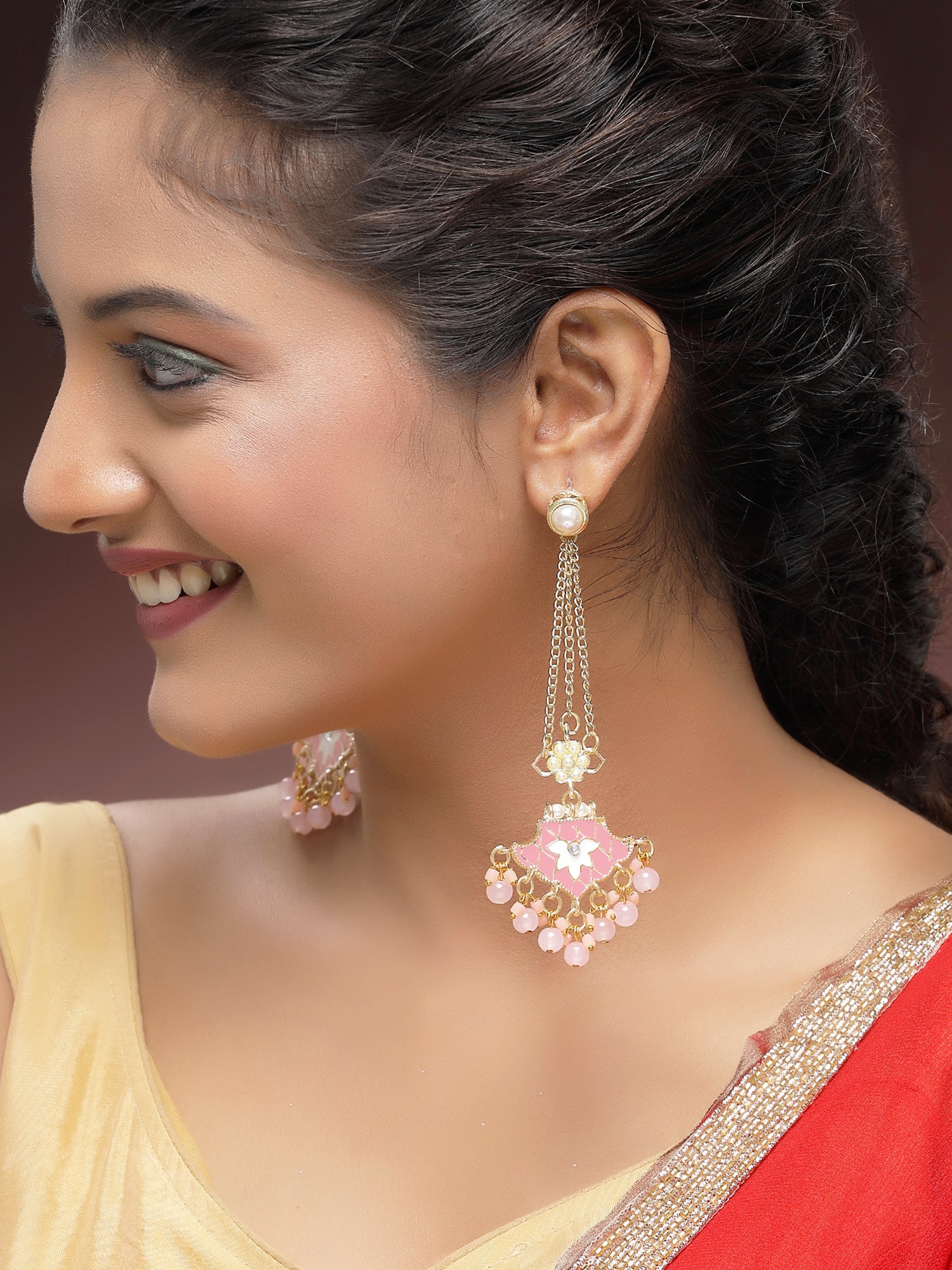 KARATCART Designer Gold-Plated Pink Meena and Floral Kundan Drop Earrings for Women - view 3