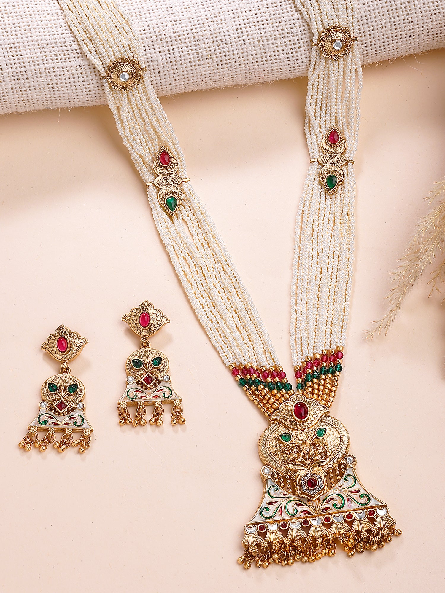 KARATCART Designer Gold-Plated Floral Meenakari Rani Haar Necklace Set for Women