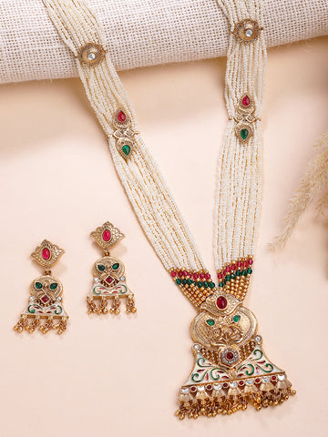 KARATCART Designer Gold-Plated Floral Meenakari Rani Haar Necklace Set for Women