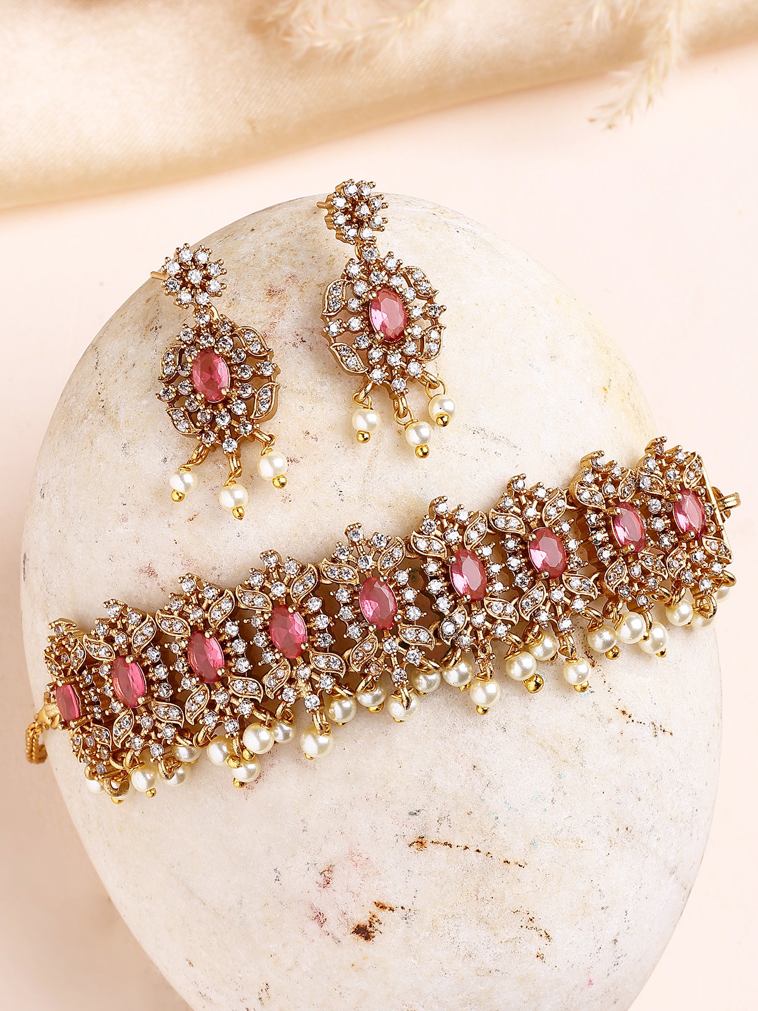 KARATCART Designer Gold-Plated Red American Diamond and Pearl Choker Necklace Set for Women - Image 1