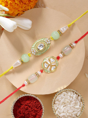 KARATCART Set of 2 Lime Green Meena Floral Handmade Kundan Rakhi for Brother with Roli & Chawal