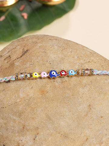 KARATCART Multicolor Evil Eye Elephant Bhaiya Rakhi with Roli & Chawal