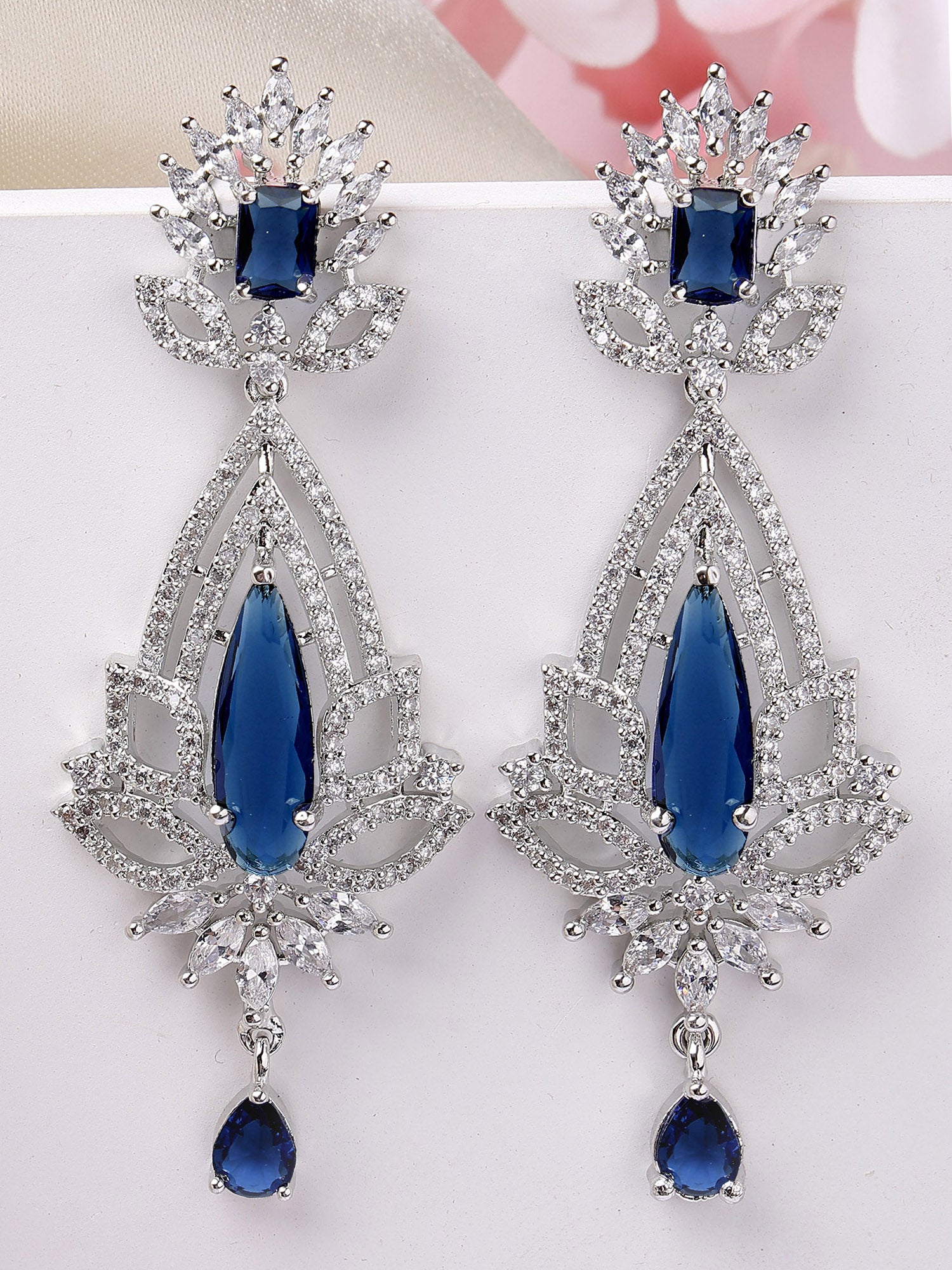 Karatcart Elegant Silver Plated Blue American Diamond Jhumki Earrings for Women