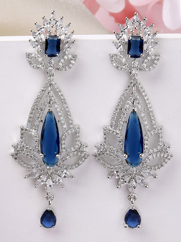 Karatcart Elegant Silver Plated Blue American Diamond Jhumki Earrings for Women