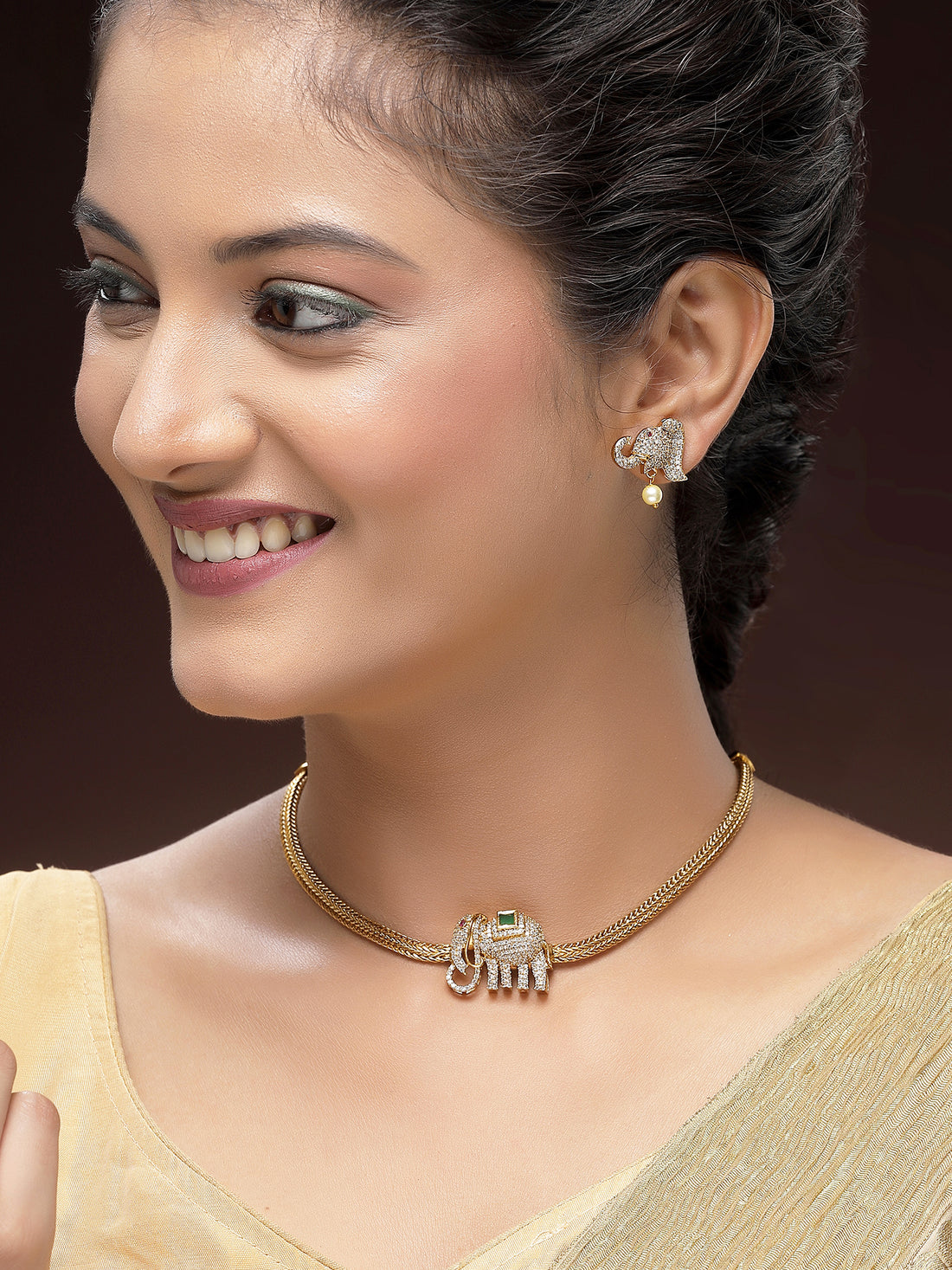 KARATCART Designer Gold-Plated Elephant Motif American Diamond Temple Jewellery Set for Women