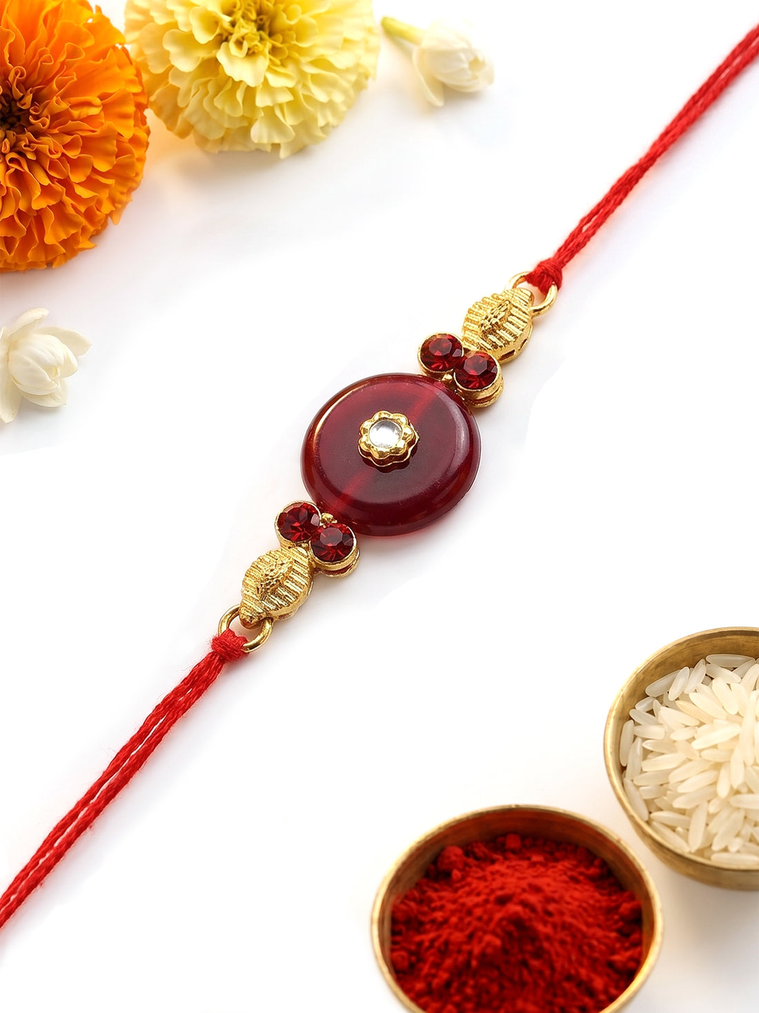 KARATCART Beautiful Red Stone and Crystal Handmade Rakhi for Brother with Roli Chawal